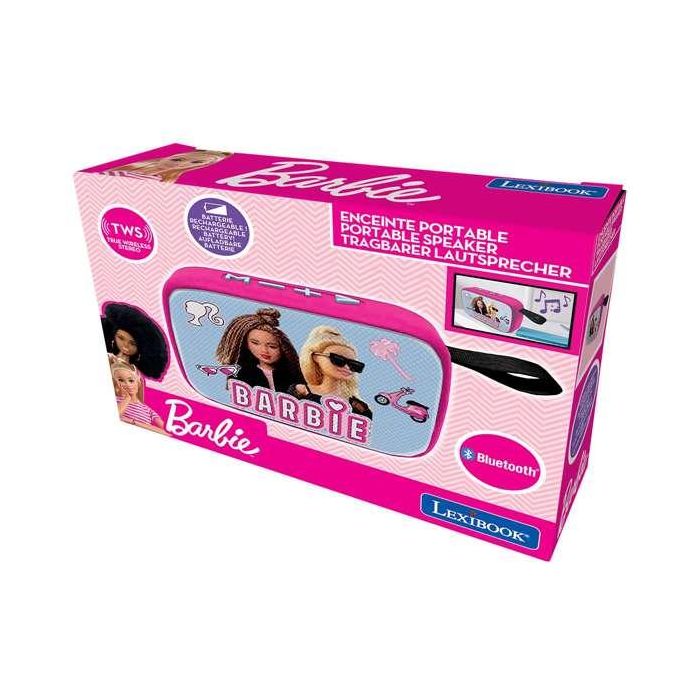 Lexibook Altavoz Portátil Bluetooth Barbie con Acabado de Tela, 12x4x8 cm