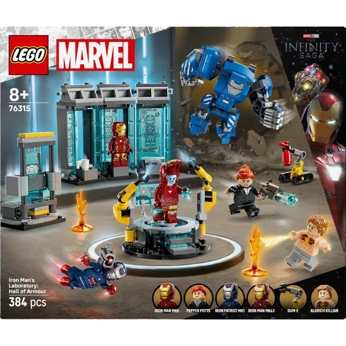 LEGO 76315 Laboratorio Iron Man: Sala de Armaduras Marvel Vengadores con Minifiguras MK1, MK43, MK6, Pepper Potts y Aldrich Killian 8