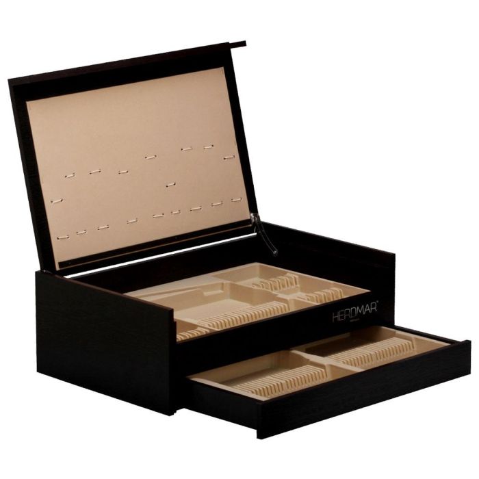 Herdmar Estuche de Madera Vacío para 130 Piezas, con 2 Niveles, Cajón y Medidas 48,5x33x15 cm Herdmar Estuche de Madera Vacío para 130 Piezas, con 2 Niveles, Cajón y Medidas 48,5x33x15 cm