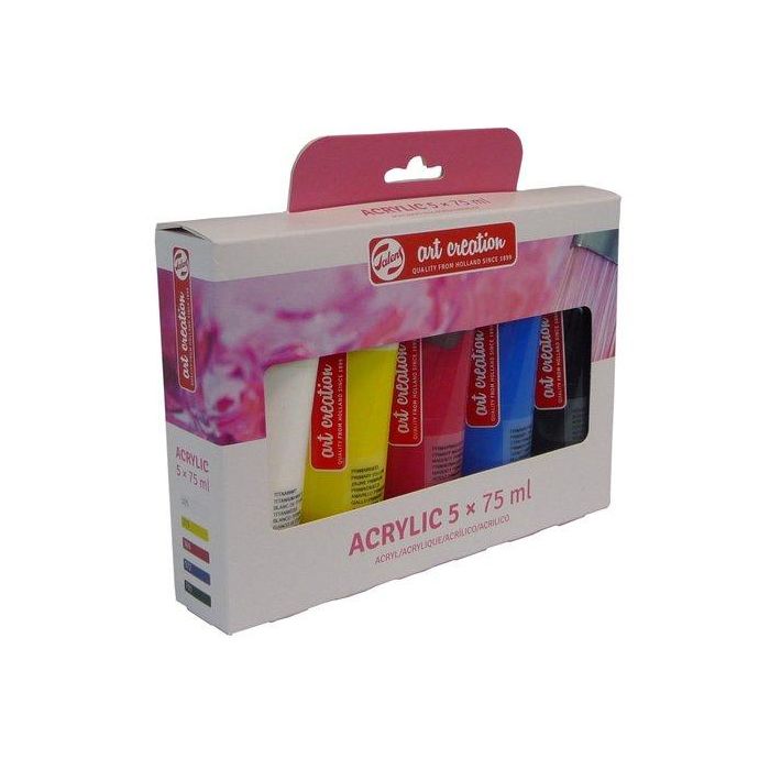 Talens Art Creation Set Acrílico Iniciación con 5 Tubos de 75 ml Colores Surtidos, Secado Rápido y Resistente al Agua