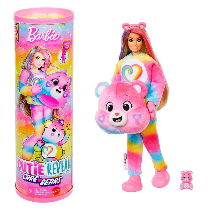 Barbie Jfv60 Muñeca Cutie Reveal Oso Amoroso de Peluche, Serie Care Bears con 10 Sorpresas y Accesorios