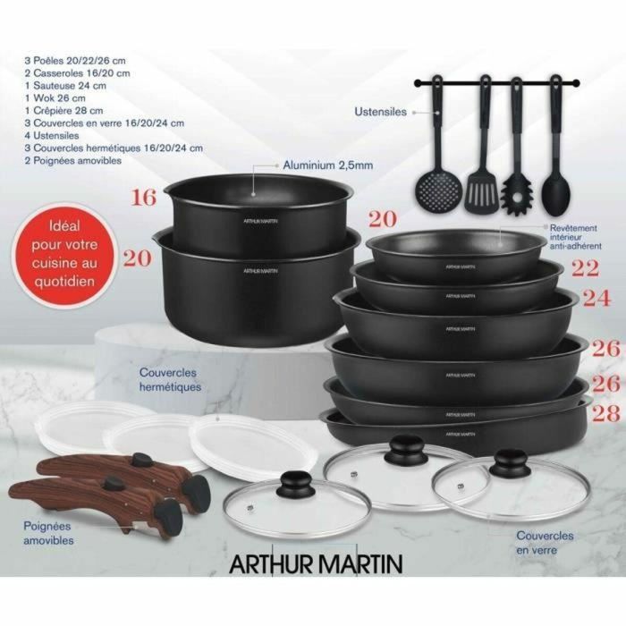 Arthur Martin AM0530 Batería de Cocina 20 Piezas Antiadherente Aluminio Inducción y Todas Fuentes Calor Mango Extraíble 1 Arthur Martin AM0530 Batería de Cocina 20 Piezas Antiadherente Aluminio Inducción y Todas Fuentes Calor Mango Extraíble 1