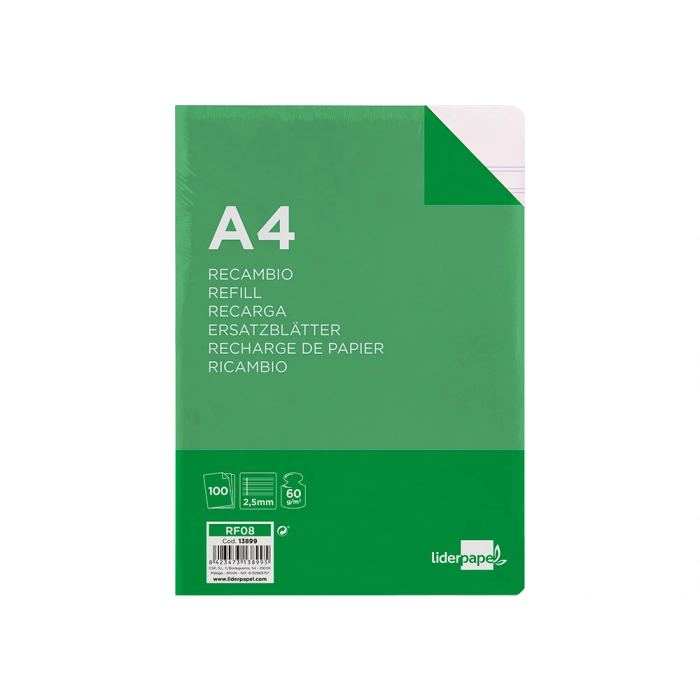 Liderpapel Recambio A4 100 Hojas 60gr Pauta 5ª 2.5mm con Margen 4 Taladros 1