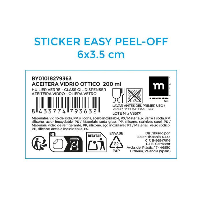 La Mediterranea Aceitera Vidrio Ottico 200ml 5.5x5.5x17cm 5 La Mediterranea Aceitera Vidrio Ottico 200ml 5.5x5.5x17cm 5
