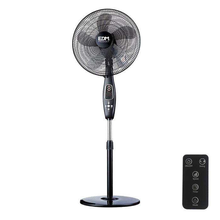 Ventilador de pie con mando a distancia. color negro. potencia: 60 W aspas: ø40cm altura regulable 110-130cm edm