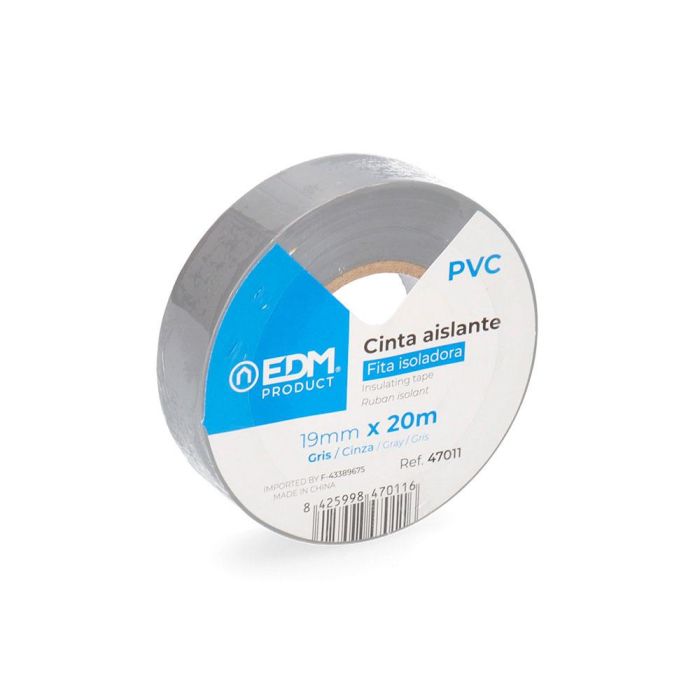 Edm Cinta aislante PVC gris, 19 mm x 20 m, calidad "supra", 0.15 mm grosor, resistente intemperie, para electricidad