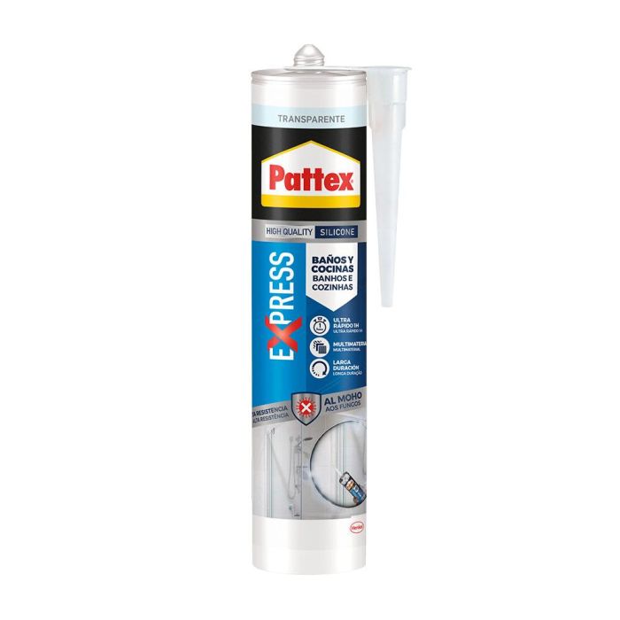 Pattex Silicona Express Transparente 280 ml - Alta Resistencia al Moho, Secado Rápido 1 Hora Pattex Silicona Express Transparente 280 ml - Alta Resistencia al Moho, Secado Rápido 1 Hora