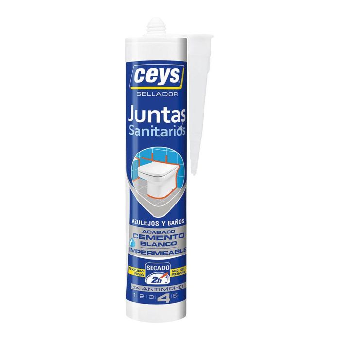Ceys Sellador de Juntas Stop Moho, Antimoho (dura sin moho x 5), Acabado Cemento Blanco, Secado 2h, 290 ml
