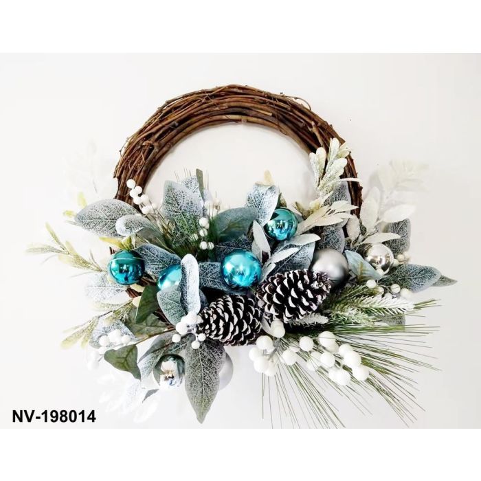 DKD Home Decor Corona de Navidad Moderna, Materiales PVC y Ratán, Colores Azul, Marrón y Blanco, Dimensiones 60x60x12 cm