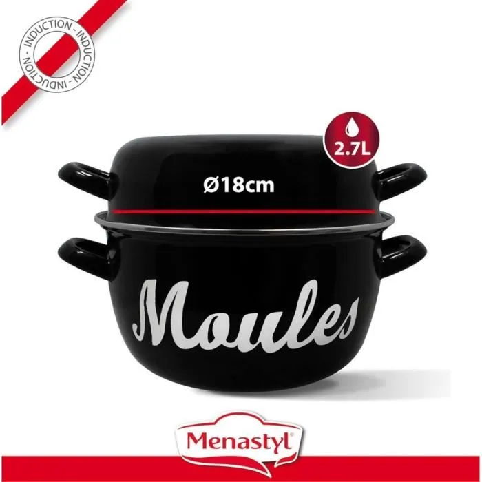 Menastyl 3645563 Olla para Mejillones, Acero Esmaltado Negro 18 cm, Con Inscripción, Todo Tipo de Fuegos Incluida Inducción 1