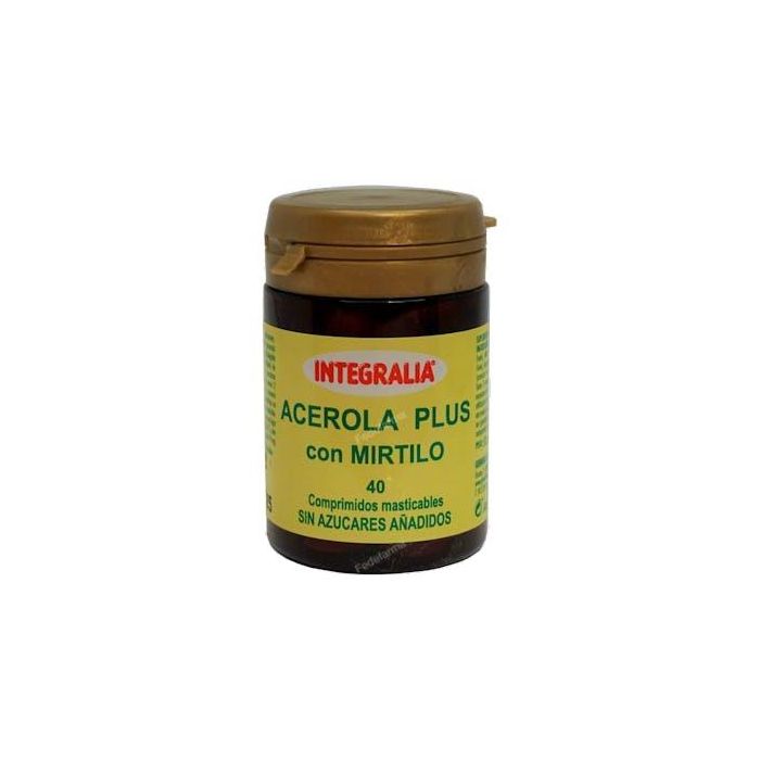 INTEGRALIA Acerola Plus con Mirtilo y Camu-Camu, Vitamina C, sin Azúcares Añadidos, 40 Comprimidos Masticables