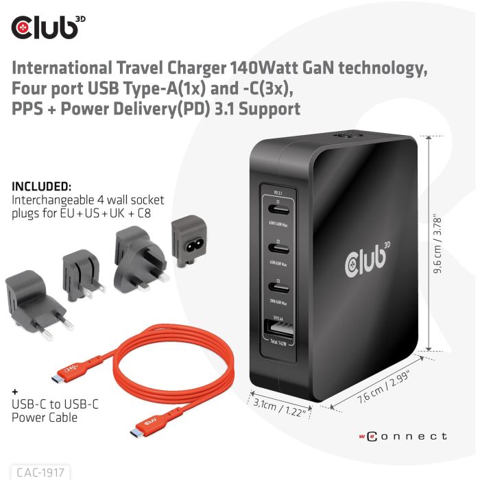 Club3D Ladegerät 3xUSB Typ C. 1xUSB Typ A. PD 140W. GaN retail 2