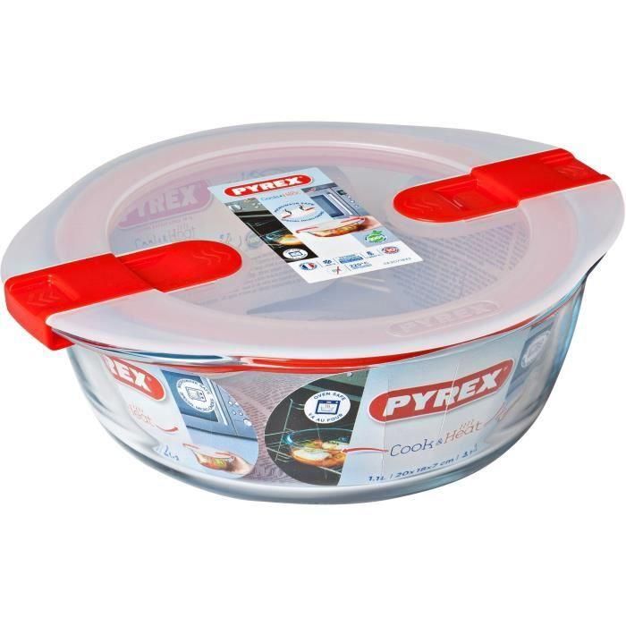 Pyrex Cook&Heat Hermético Redondo de Vidrio Borosilicato 1.1 L Apto Horno Microondas Congelador Lavavajillas Tapa 4 Cierres
