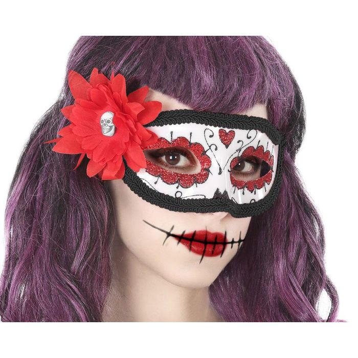 Antifaz Halloween Catrina Con Rosa Rojo Blanco Mujer Adulto