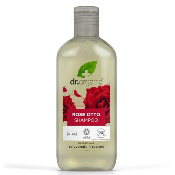 DR. ORGANIC Champú Rosa de Damasco 265ml - Volumen y revitalizante, uso diario, apto para veganos
