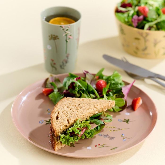 Day Juego de 4 Platos 25 cm Colores Surtidos Arena Natural Verde Musgo Amarillo Arena Ilustraciones de Plantas 1