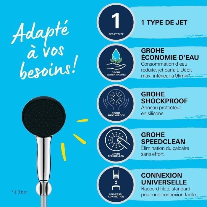 Set de ducha con rociador lluvia de 1 chorro, soporte y flexo de 1,75m - GROHE Vitalio Start 110 27944001 - Ahorro de agua 3 Set de ducha con rociador lluvia de 1 chorro, soporte y flexo de 1,75m - GROHE Vitalio Start 110 27944001 - Ahorro de agua 3