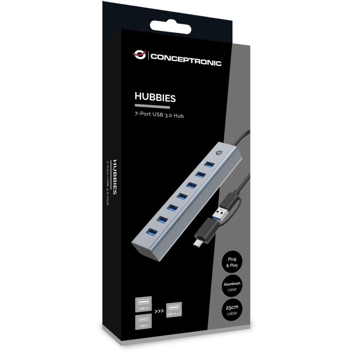 Conceptronic HUBBIES21G Hub USB 3.0 Gris 7 Puertos USB-A Macho USB-C Macho 5 Gbps 3