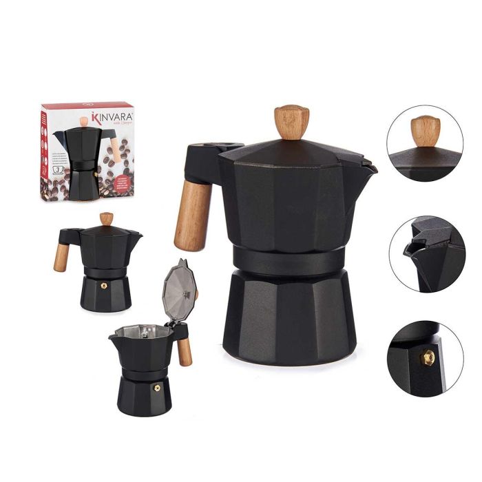 Kinvara Cafetera Aluminio 3 Tazas 150 ml Negra con Asa de Madera 8.5x15.7x14 cm (12 Unidades) Kinvara Cafetera Aluminio 3 Tazas 150 ml Negra con Asa de Madera 8.5x15.7x14 cm (12 Unidades)