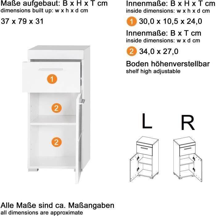 Mueble bajo de baño AMANDA - 1 puerta + 1 cajón - L37 x P31 x H79 cm - Blanco - TRENDTEAM 5 Mueble bajo de baño AMANDA - 1 puerta + 1 cajón - L37 x P31 x H79 cm - Blanco - TRENDTEAM 5
