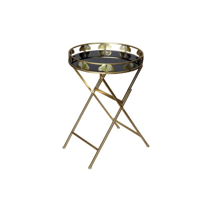 DKD Home Decor Mesita Auxiliar Glam de Metal y Cristal con Detalle Hoja - Dorado y Negro 49x72x49 cm