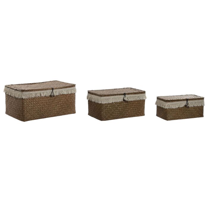 DKD Home Decor Cesta Boho Set de 3 de Fibra Natural Blanca Hecha a Mano - 23 x 17 x 35 cm