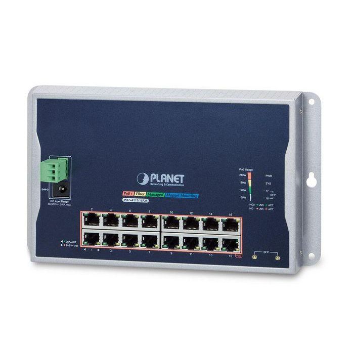 Planet WGS-4215-16P2S Switch Industrial Gestionable 16 Puertos PoE+ Gigabit 802.3at 2 SFP Montaje Pared IP40 -10/60°C 240W