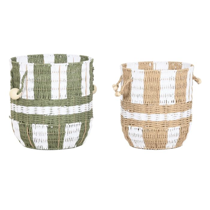 DKD Home Decor Cesta Tropical Set de 2 (2 Unidades) Verde Crema Fibra 36 x 36 x 36 cm