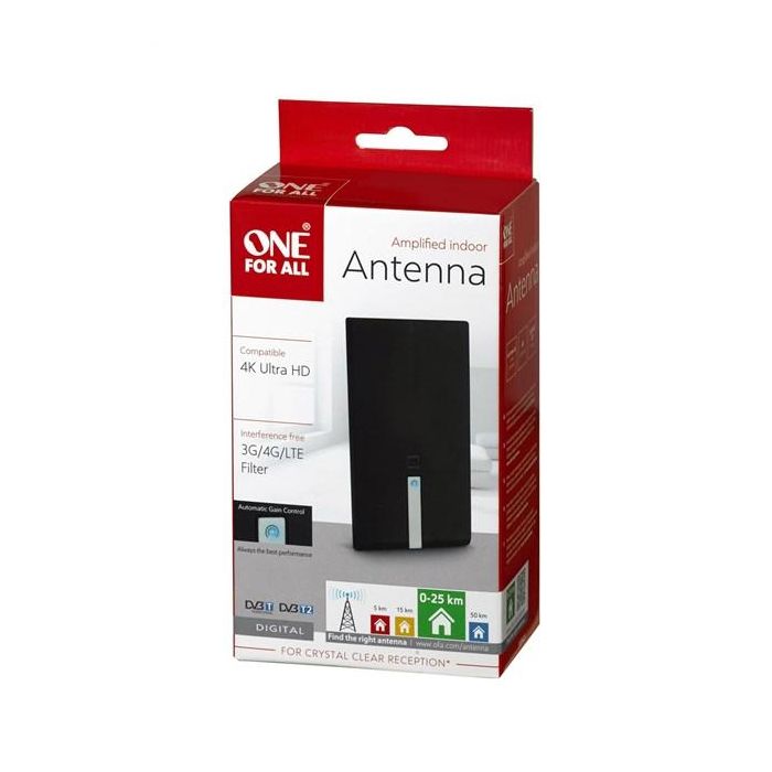 One For All Antena Interior TV Amplificada 4K Ultra HD 5G, Compatible con DVB-T/T2, Diseño Moderno 1 One For All Antena Interior TV Amplificada 4K Ultra HD 5G, Compatible con DVB-T/T2, Diseño Moderno 1
