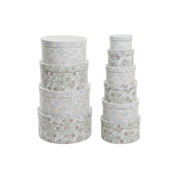 DKD Home Decor Set de 10 Cajas Decorativas Redondas Shabby de Cartón con Flores Verde Beige 37.5 x 18 x 37.5 cm