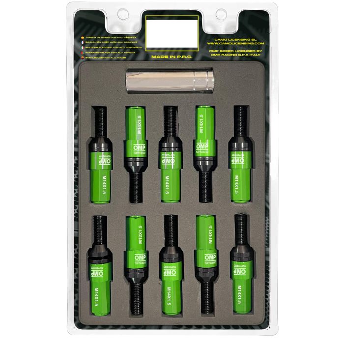 Omp OMPS09981408 Juego 20 Tornillos Rueda Aluminio M14x1.5 Llave 17-19 Largo 28mm Protector Verde