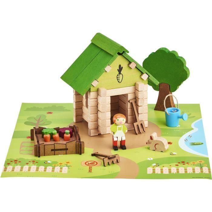 La Cabaña del Jardinero 60 Piezas - JEUJURA - Juego de Construcción en Madera Natural, Tapete y Accesorios Incluidos, 22x18,5x8,5 cm