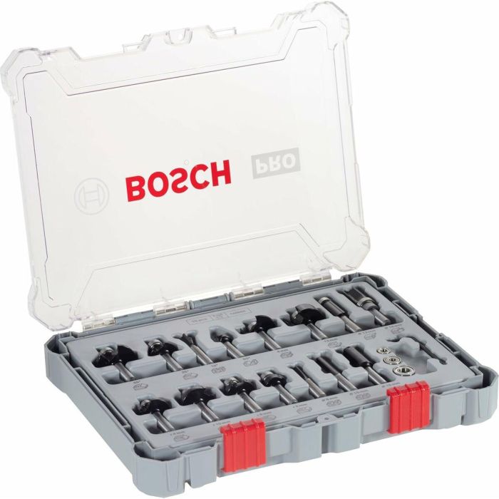 Bosch 2607017472 Juego de brocas para fresadora, 15 piezas, vástago de 8 mm, compatible con fresadoras 9