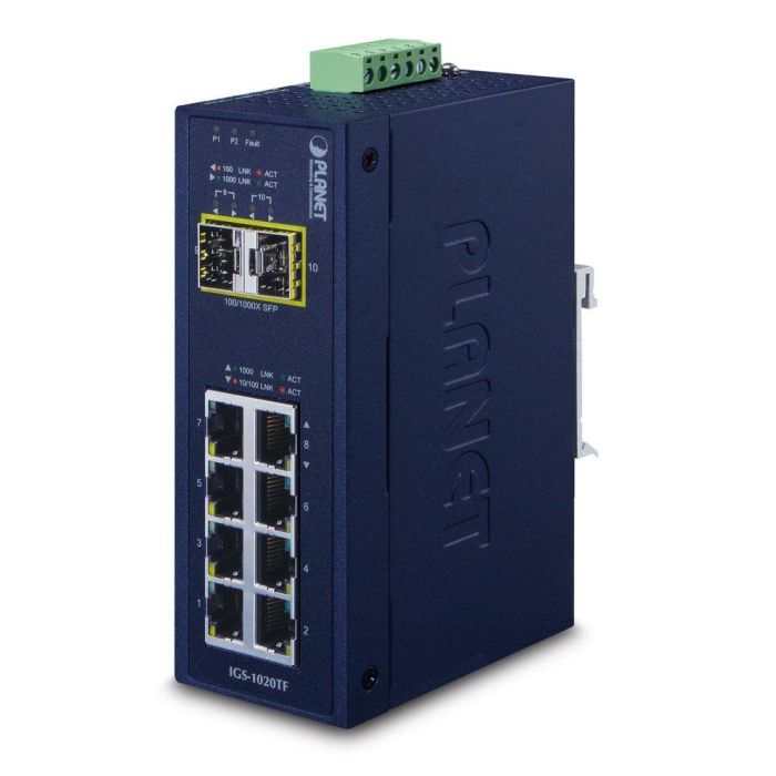 Planet IGS-1020TF Switch Industrial Gigabit 8 puertos 10/100/1000T + 2 SFP 100/1000BASE-X, 20Gbps, IP30, -40 a 75°C, Doble Alimentación