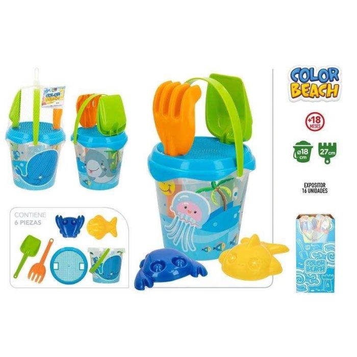 Color Baby Cubo Playa Animal Summer 18cm con Pala, Rastrillo y 2 Moldes en Red de Plástico 2
