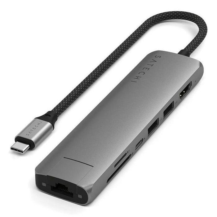 Satechi Adaptador Multi-puerto USB-C Slim 7-en-1 con Ethernet, HDMI 4K@60Hz, Lector SD/MicroSD, 2x USB-A, Carga PD 100W, 10Gbps, Gris Espacial