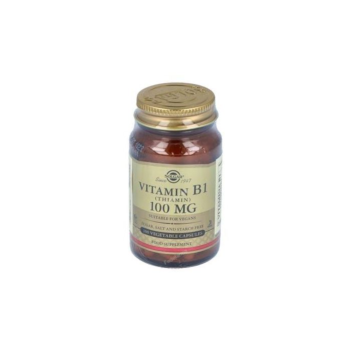SOLGAR Vitamina B1 100 mg, 100 Cápsulas Vegetales para el normal mantenimiento del sistema nervioso, apto veganos