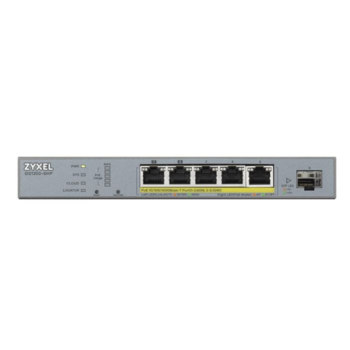ZyXEL GS1350-6HP-EU0101F Switch 6 Puertos Gigabit con PoE, 5 Puertos PoE (60W total) y 1 Puerto SFP, Ideal para Videovigilancia ZyXEL GS1350-6HP-EU0101F Switch 6 Puertos Gigabit con PoE, 5 Puertos PoE (60W total) y 1 Puerto SFP, Ideal para Videovigilancia