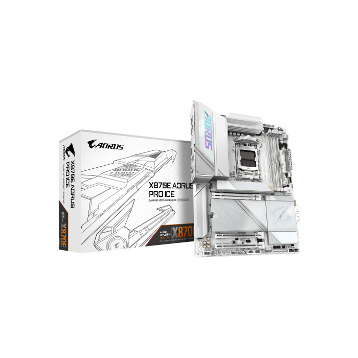 GIGABYTE Placa base X870E AORUS PRO ICE - Compatible con CPUs AMD Ryzen 9000, VRM digital de 16+2+2 fases, hasta 8000MHz DDR5 (OC), 4xM.2 + 4xPCIe 5.0, Wi-Fi 7, LAN 2.5GbE, USB 3.2 Gen 2x2 GIGABYTE Placa base X870E AORUS PRO ICE - Compatible con CPUs AMD Ryzen 9000, VRM digital de 16+2+2 fases, hasta 8000MHz DDR5 (OC), 4xM.2 + 4xPCIe 5.0, Wi-Fi 7, LAN 2.5GbE, USB 3.2 Gen 2x2