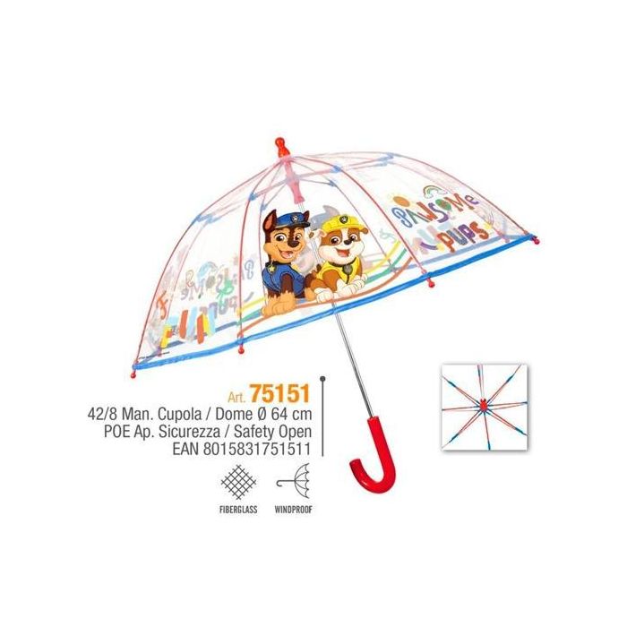 Perletti 42-8 Paraguas Infantil Paw Patrol Manual Ø64 cm Fibra de Vidrio