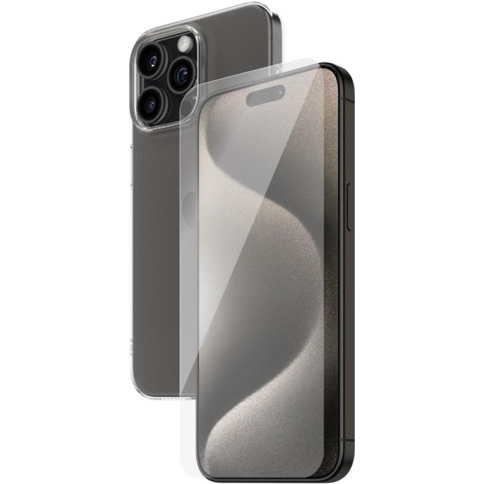 PanzerGlass Protector de Pantalla 2-en-1 Vidrio Templado para iPhone 15 Pro Max, Anti-huellas y Resistente a Golpes/Rayones
