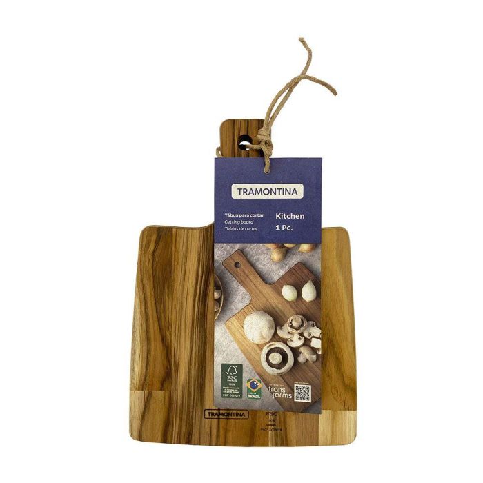 Tramontina Tabla para Cortar y Servir en Madera Teca FSC con Mango, Rectangular, 19.5 x 18.5 x 1.8 cm