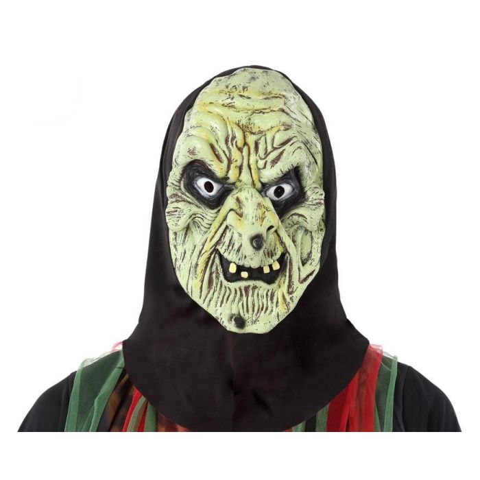 Máscara de Bruja Verde con Capucha Negra y Expresión Deformada para Halloween