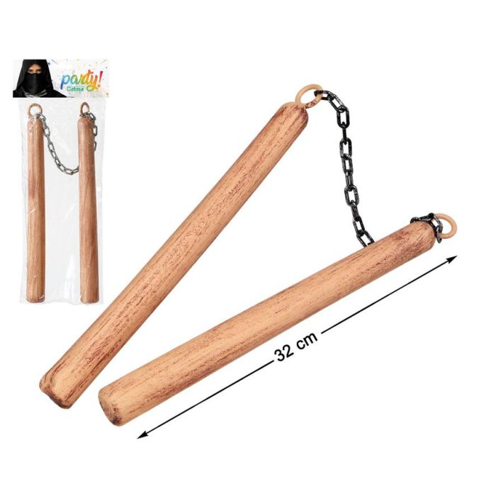 Nunchaku Ninja 32 cm Efecto Madera Con Cadena Negra Para Disfraces