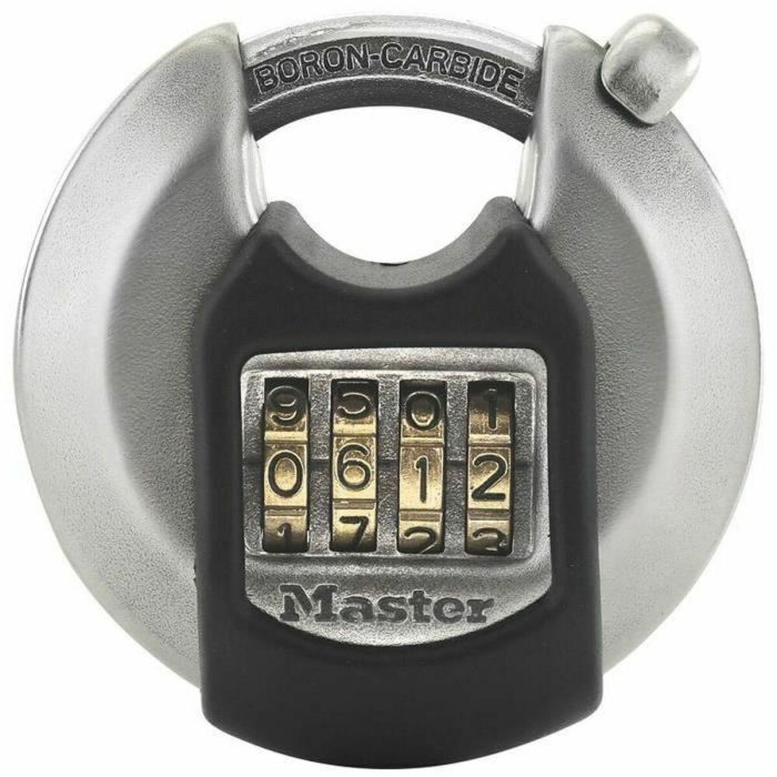 Master Lock Candado de disco de alta seguridad con combinación programable de 4 dígitos, 70mm Acero inoxidable, mango protegido octogonal 10mm boro Master Lock Candado de disco de alta seguridad con combinación programable de 4 dígitos, 70mm Acero inoxidable, mango protegido octogonal 10mm boro