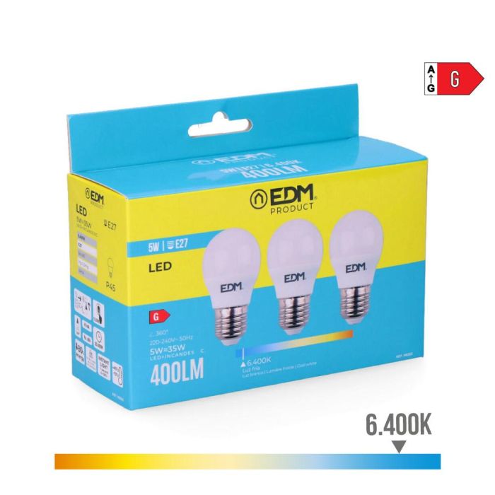 Kit 3 bombillas esfericas led e27 5 W 400 lm 6400 k luz fria ø4,5 x 8 cm