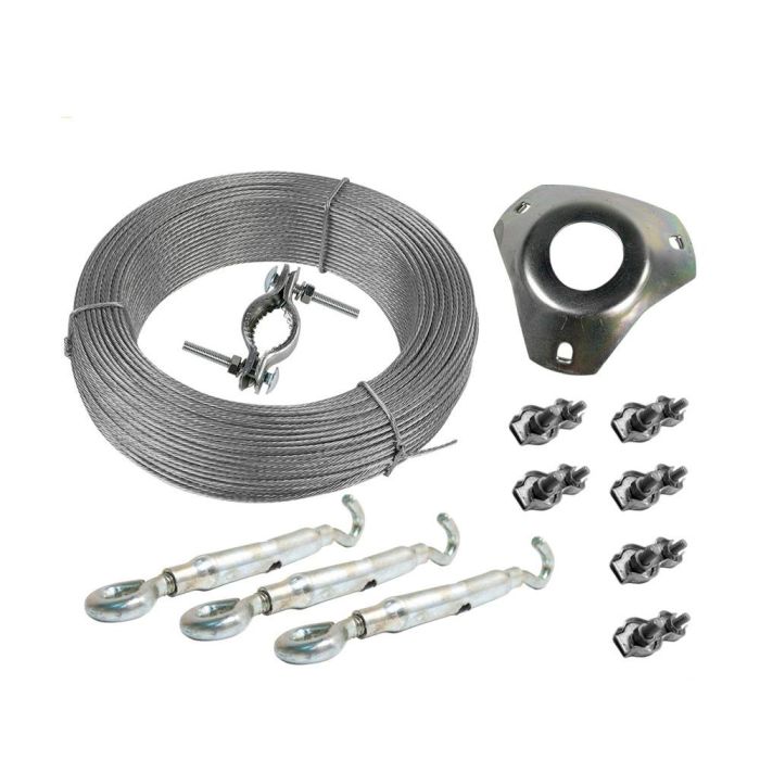 Televes Kit montaje de vientos con placa brida ref. 2408, 3 tensores, 6 sujetacables y 25m cable acero galvanizado