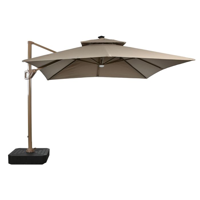 DKD Home Decor Parasol Terraza Jardín Beige Champán 350x280x286 cm con LED Solar Giratorio 360º Plegable Poliéster 220gsm Aluminio