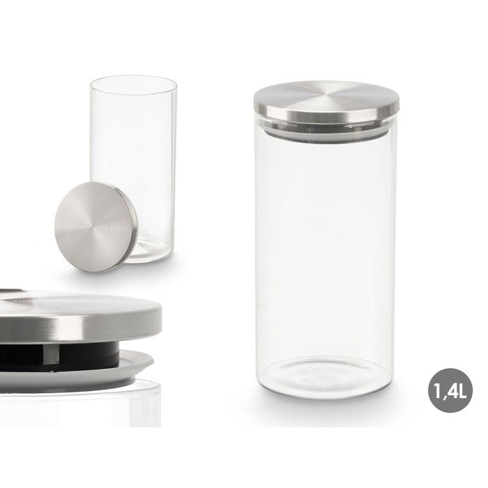 Vivalto Tarro Redondo de Borosilicato con Tapa de Acero, Transparente, 1.4 L, 10.2 x 21.2 x 10.2 cm (12 Unidades) Vivalto Tarro Redondo de Borosilicato con Tapa de Acero, Transparente, 1.4 L, 10.2 x 21.2 x 10.2 cm (12 Unidades)