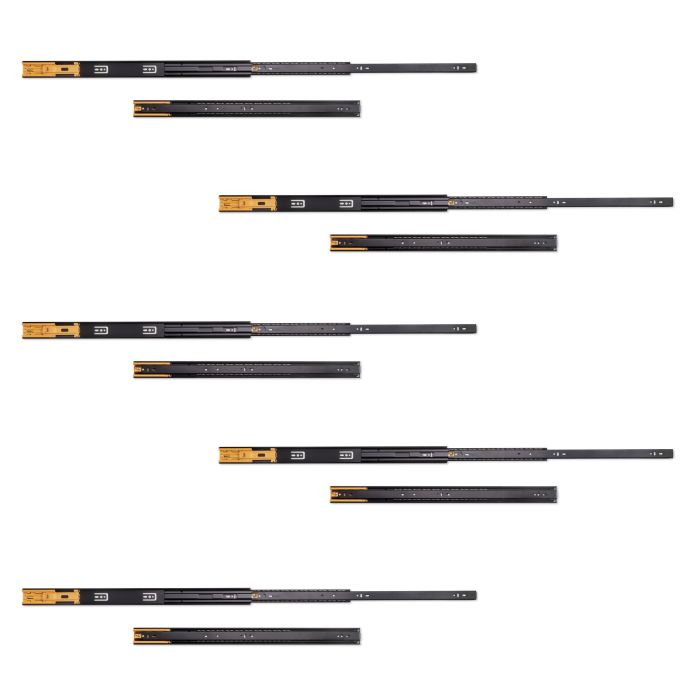 Emuca Lote de 5 juegos de guías para cajones, de bolas, altura 45mm, profundidad 600mm, extracción total, cierre suave, Negro